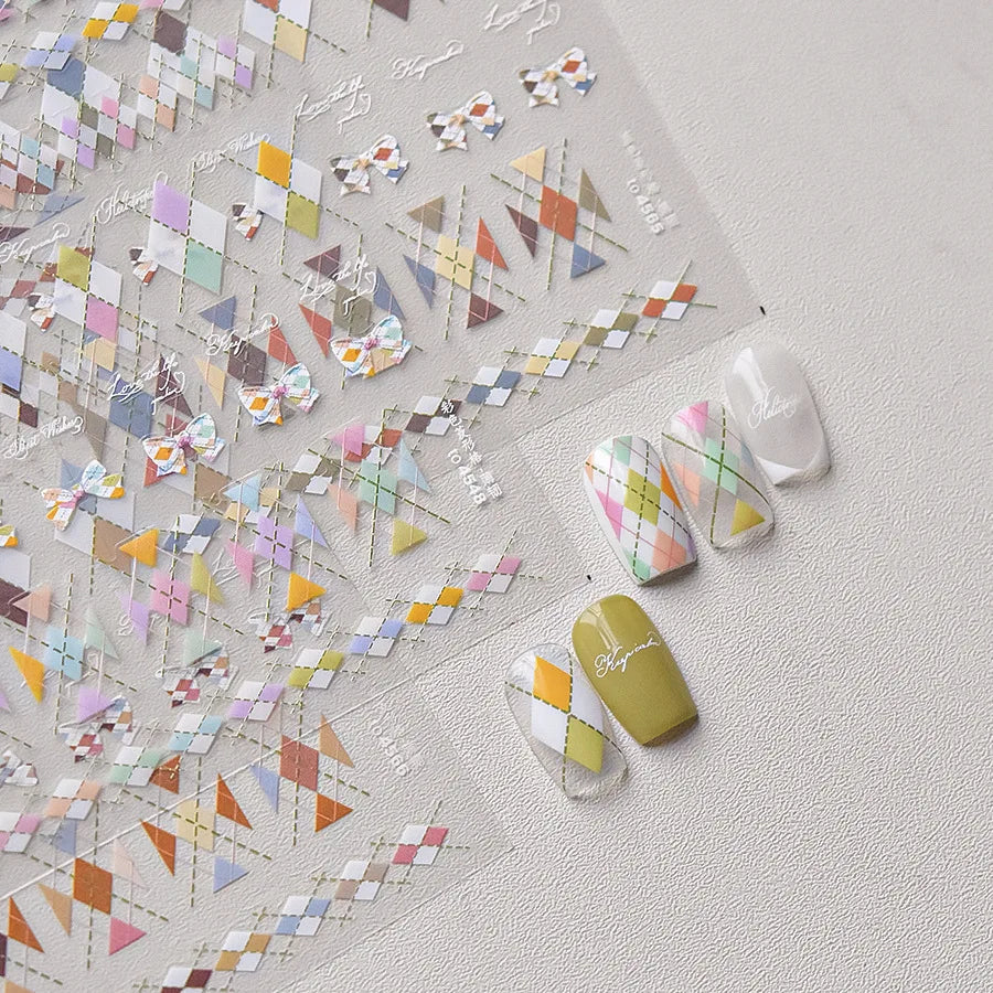 French Style Colorful Square Grid Rhombus Stripe Bowknot Line 3D Self Adhesive Nail Art Stickers Shiny Rhinestone Manicure Decal (Online Order Only)