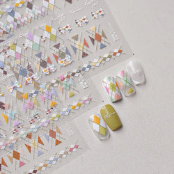 French Style Colorful Square Grid Rhombus Stripe Bowknot Line 3D Self Adhesive Nail Art Stickers Shiny Rhinestone Manicure Decal (Online Order Only)