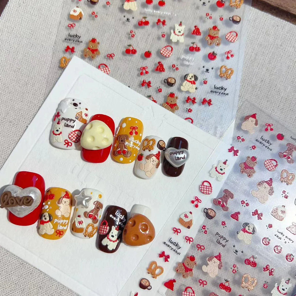 Cute Bowknot Dog Puppy Bear Strawberry Cake Fruit Juice Coffee Desserts Corgi Cherry Adhesive Nail Art Stickers Manicure Decals (ONLINE ORDER ONLY)