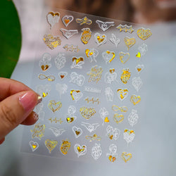 1PC Holographic Laser Heart Nail Stickers-3D Self-Adhesive Golden White Valentines Day Nail Decals For Women Nail Art Decoration (ONLINE ORDER ONLY)