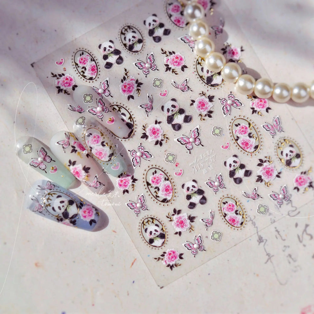 Panda Bamboo Butterfly Pattern Totem Figure Peony Flower Love Heart Adhesive Nail Art Stickers Embroidery Pearl Manicure Decals (ONLINE ORDER ONLY)
