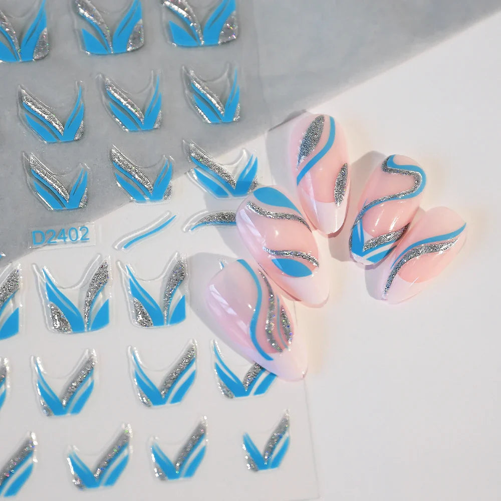 6pcs/Set Blue Gold Glitter French Design 5D Nail Stickers Curve Lines Swirls Wave Nail Sliders Reflective Flakes Decals Manicure (ONLINE ORDER ONLY)