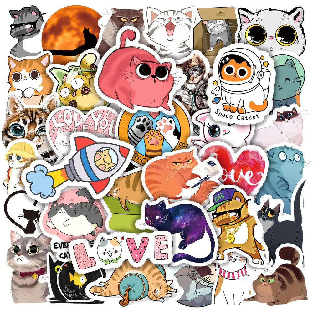 50pcs Healing Cartoon Kitten Stickers for Helmet, Desktop, Wall Decoration (Online Order Only)