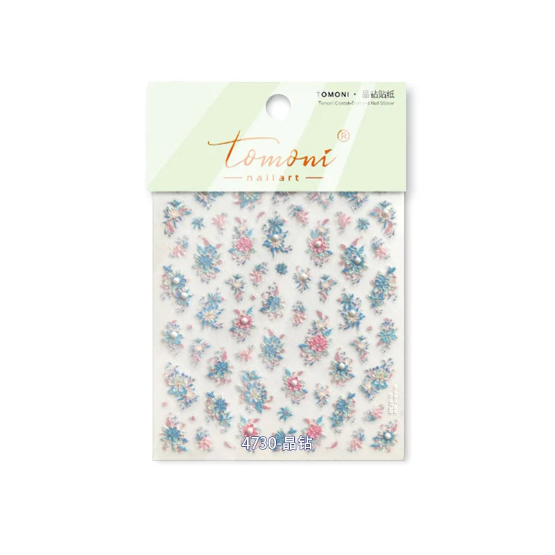 Delicate Shiny Pink Flower Blue Hairpin with Flower Decoration Self Adhesive Nail Art Stickers Pearl Rhinestone Manicure Decals (Online Order Only)