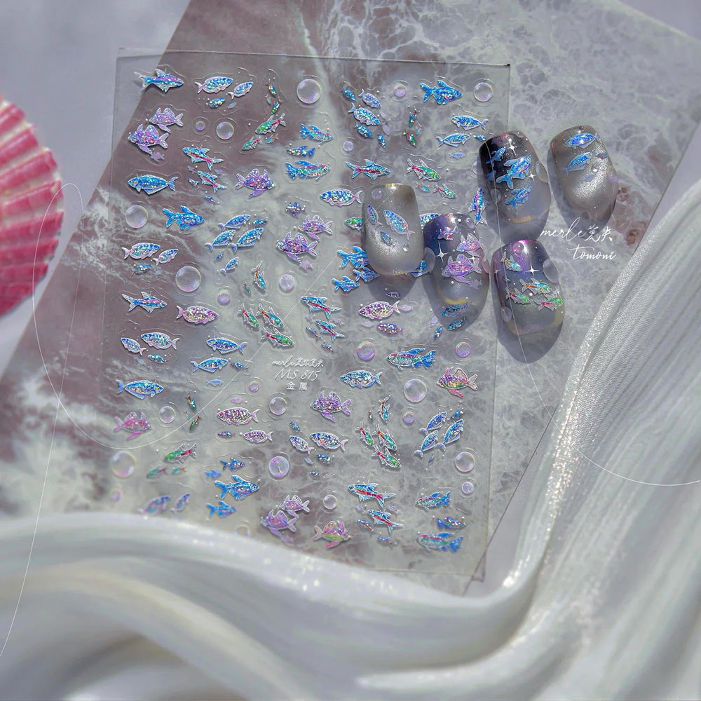 Colorful Shoal of Fish Whale Ocean Shell Conch Starfish Summer Sea Jellyfish Bubble Nail Art Decoration Sticker Manicure Decals (ONLINE ORDER ONLY)
