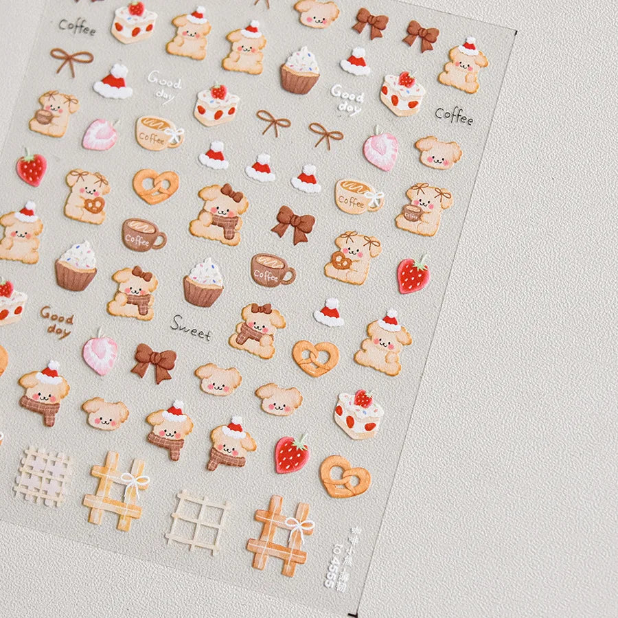 Bowknot Dog puppy Christmas Hat Strawberry Cake Food Coffee Cherry Love Heart Adhesive Nail Art Sticker Reliefs Manicure Decals (Online Order Only)