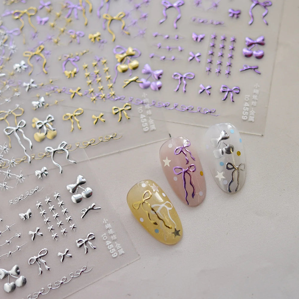 Purple Gold Silver Bowknot Cherry Fruit Cute Ribbon Tie Line Delicate 3D Adhesive Nail Art Stickers Manicure Decals Wholesale (Online Order Only)