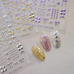 Purple Gold Silver Bowknot Cherry Fruit Cute Ribbon Tie Line Delicate 3D Adhesive Nail Art Stickers Manicure Decals Wholesale (Online Order Only)
