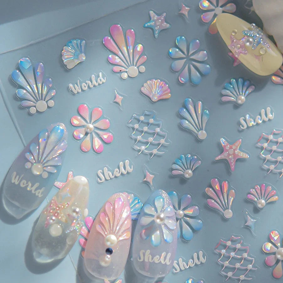 Marine Shell Starfish Ocean Elements Pearl Star Fishing Net Colourful Underwater Organisms 5D Nail Art Stickers Manicure Decals (Online Order Only)