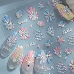 Marine Shell Starfish Ocean Elements Pearl Star Fishing Net Colourful Underwater Organisms 5D Nail Art Stickers Manicure Decals (Online Order Only)