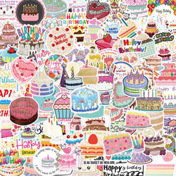 50/100Pcs Cake Happy Birthday Stickers DIY Bike Travel Luggage Guitar Laptop Waterproof Cool Graffiti Sticker Decals Kid Toys (Online Order Only)