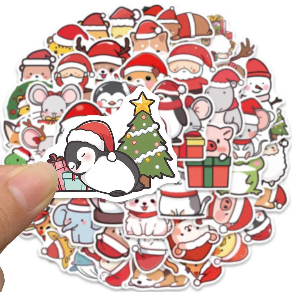 50pcs Cute Cartoon Merry Christmas Animals Stickers For Laptop Water Bottle Luggage Guitar Waterproof Graffiti Vinyl Decals (ONLINE ORDER ONLY)