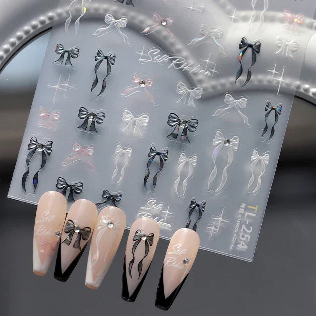 White Black Pink Bowknot Lace Star Pearl Tassel Pendant Shiny 5D Embossed Relief Self Adhesive Nail Art Stickers Manicure Decals (ONLINE ORDER ONLY)