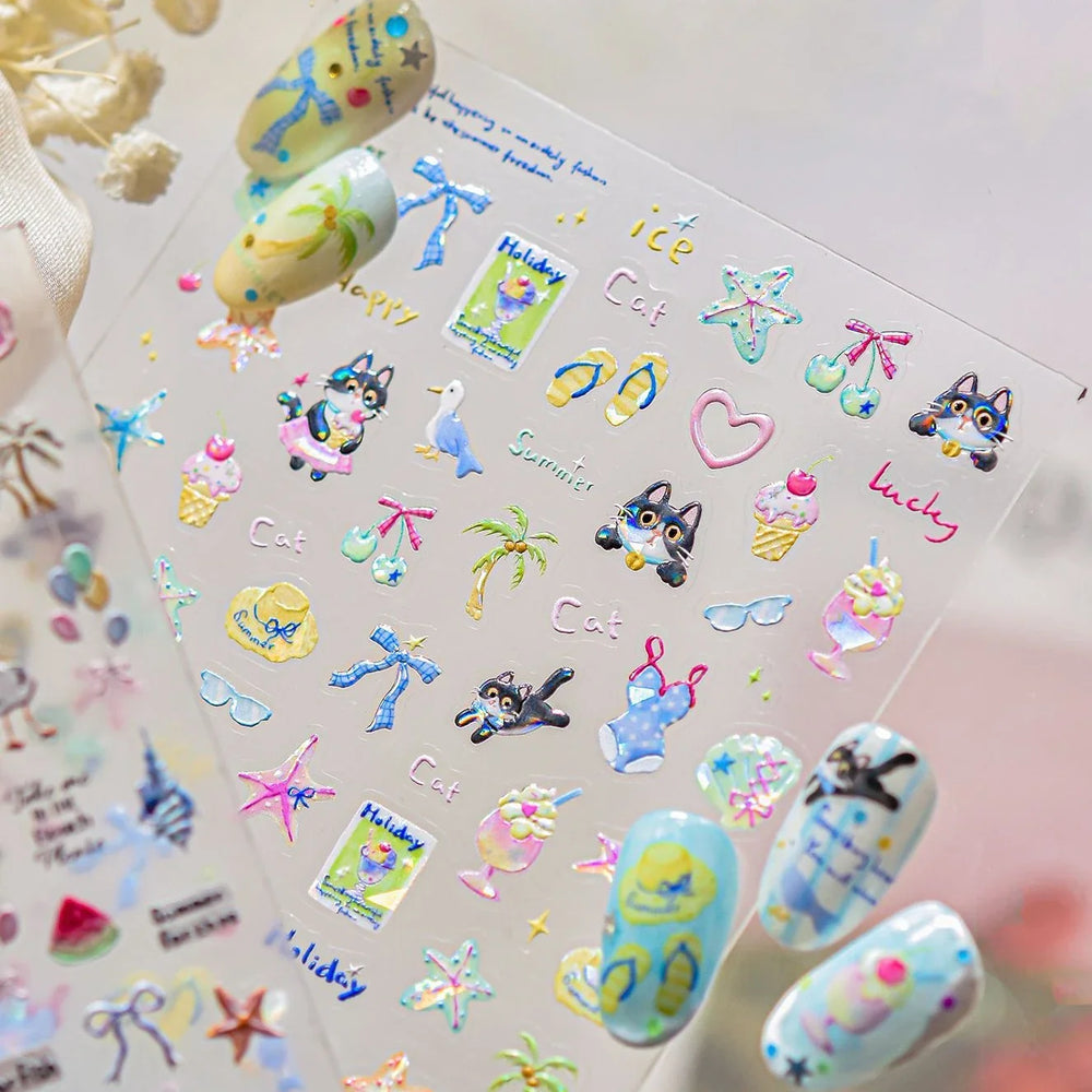 Summer Beach Bikini Watermelon Duck Cat Ice Cream Shell Coconut Tree Cherry Starfish Sunglasses Nail Art Sticker Manicure Decals (ONLINE ORDER ONLY)