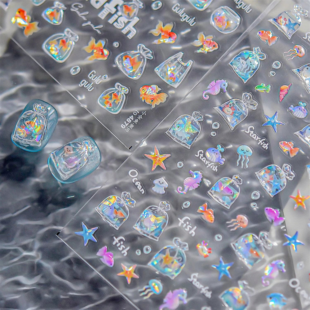 Bagful Brocaded Carp Goldfish Jellyfish Water Bubbles Seahorse Ocean Starfish Whale Adhesive Nail Art Stickers Manicure Decals (ONLINE ORDER ONLY)