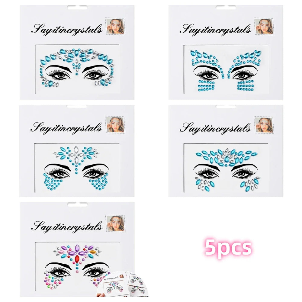 5Pcs Coloful Glitter Face Jewelry Sticker Crystal Eye Body Face Jewels Bady Makeup Tools Temporary Self-Adhesive Nail Rhinestone (ONLINE ORDER ONLY)