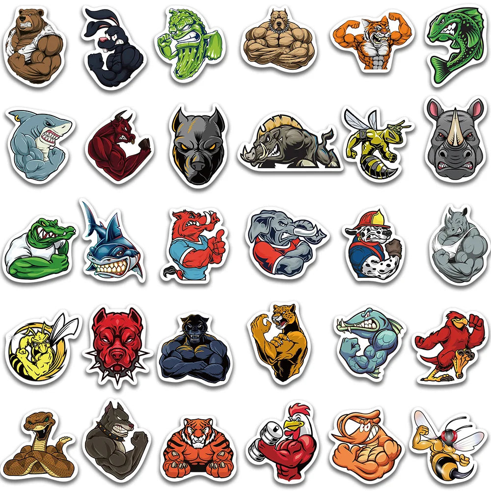 60pcs Cool Cartoon Muscle Animals Stickers For Laptop Luggage Phone Skateboard Waterproof Graffiti Bicycle Helmet Car Decals (ONLINE ORDER ONLY)