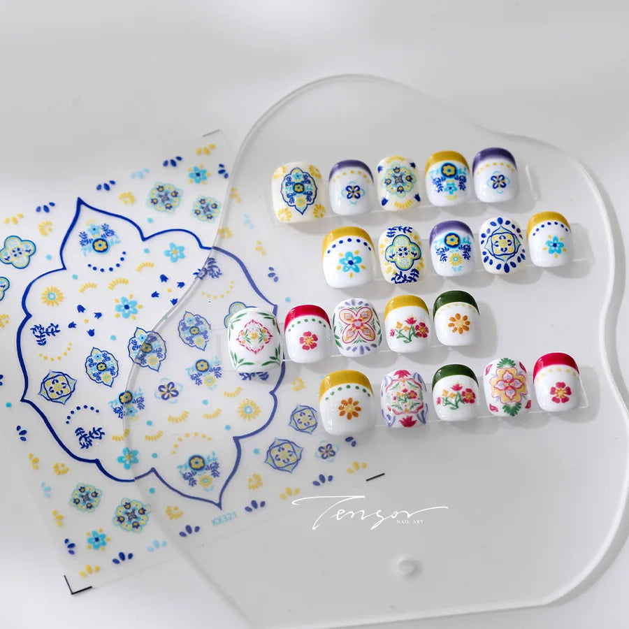 Pink Blue Yellow Embroidery Totems Geometric Floral Pattern Flower 5D Embossed Nail Art Stickers Bohemian Style Manicure Decals (ONLINE ORDER ONLY)