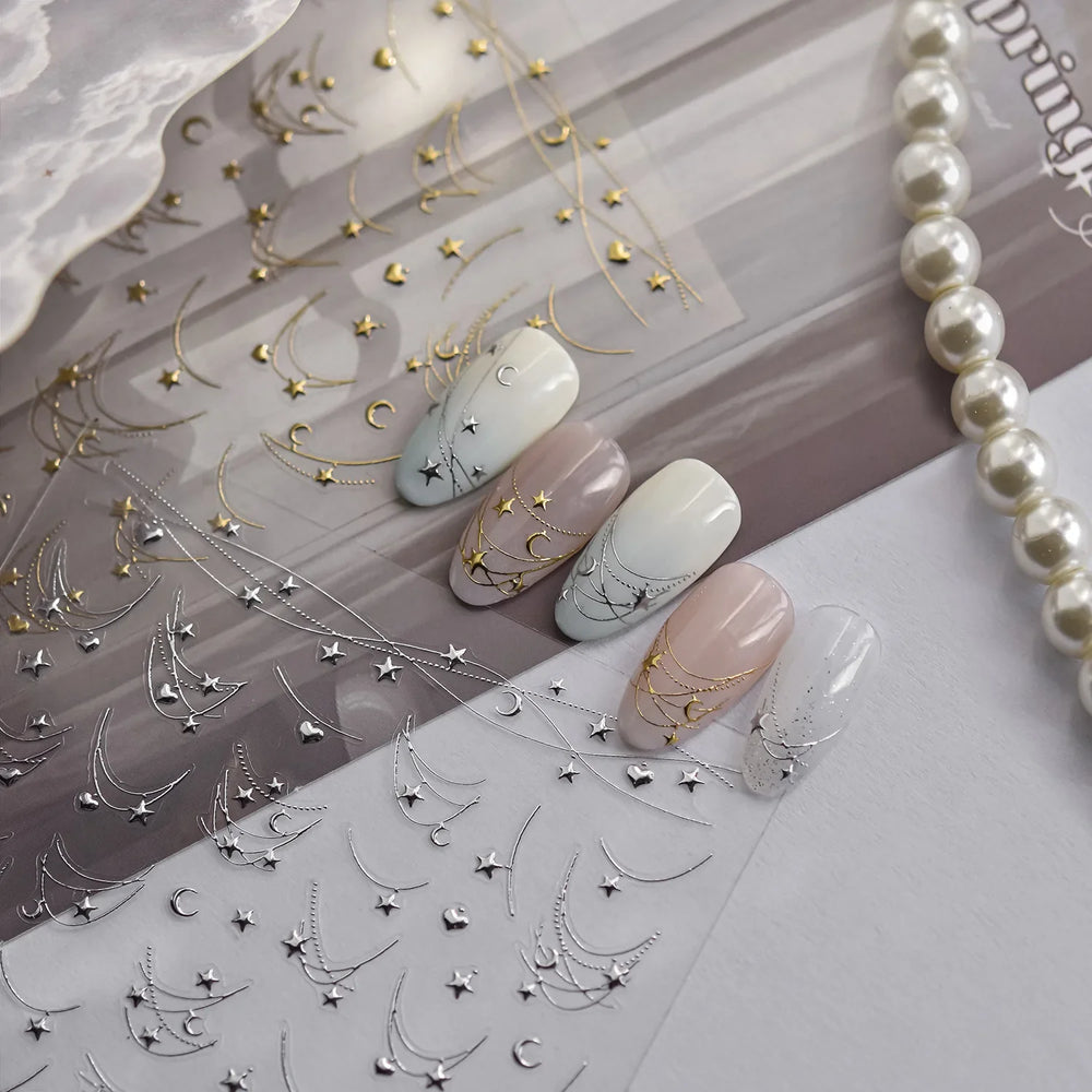 Star Moon Love Heart Curved Line Arc Dreamy Necklace Hanging in The Air Starry Night Adhesive Nail Art Stickers Manicure Decals (ONLINE ORDER ONLY)
