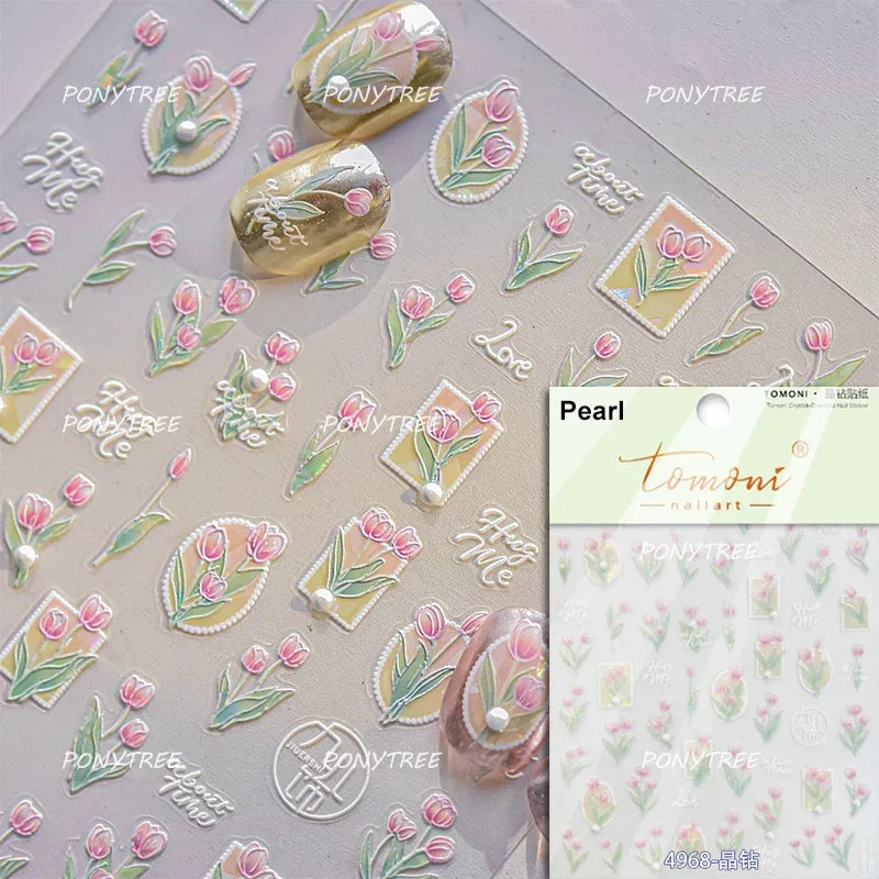 Tulips Flower Letter Bowknot Butterfly Irregular Lines Pearl Tender 5D Adhesive Nail Art Stickers Manicure Decals Stick on Nail (ONLINE ORDER ONLY)
