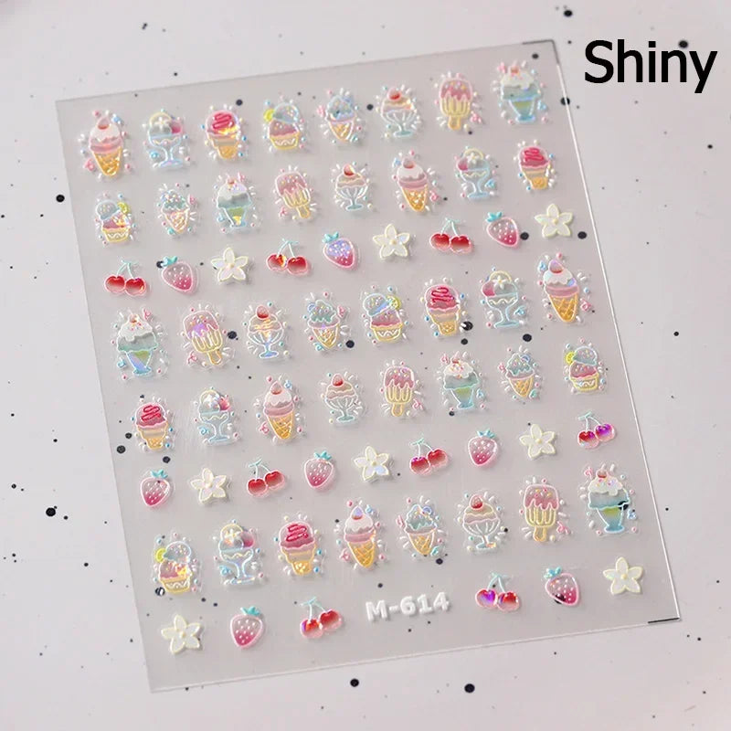 Chic Cute Cheese Ice Cream Pudding Bowknot Strawberry Muffin Stars Cake Embossed Heart Adhesive Nail Art Sticker Manicure Decals (ONLINE ORDER ONLY)