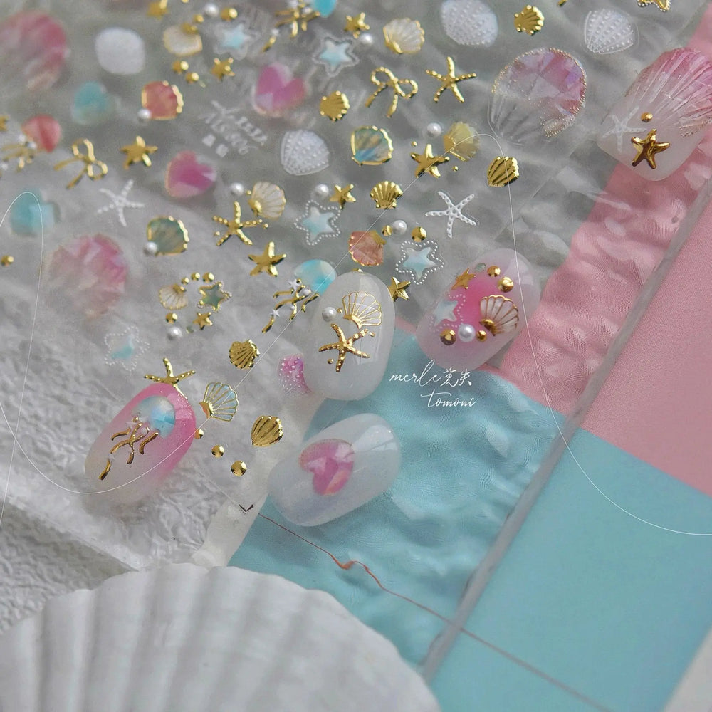Halo Dyeing Ocean Shell Conch Starfish Pearl Love Heart Bowknot Jellyfish Adhesive Nail Art Stickers Manicure Decals Wholesale (ONLINE ORDER ONLY)