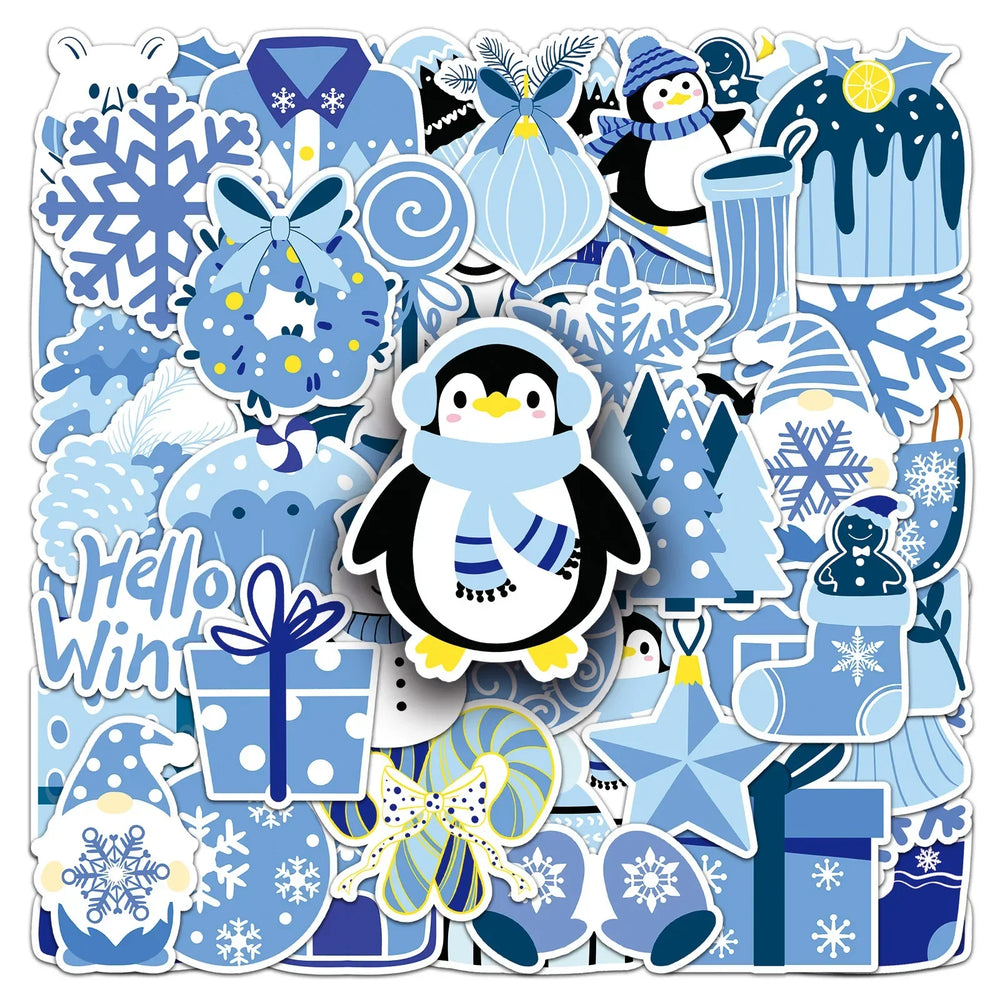 Blue Winter Cartoon Stickers: Penguin Snowflake Decals for Notebook, Phone, Fridge, Bike, Wall - 10/30/50pcs (ONLINE ORDER ONLY)
