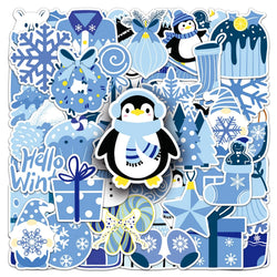 Blue Winter Cartoon Stickers: Penguin Snowflake Decals for Notebook, Phone, Fridge, Bike, Wall - 10/30/50pcs (ONLINE ORDER ONLY)