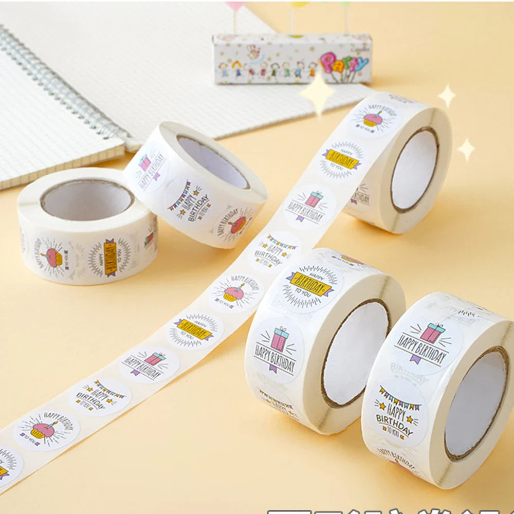100-500pcs Round Happy birthday Labels Kraft Paper Sticker Candy Bag Flower Gift Box Cake Boxes and Packaging Wedding Stickers (ONLINE ORDER ONLY)