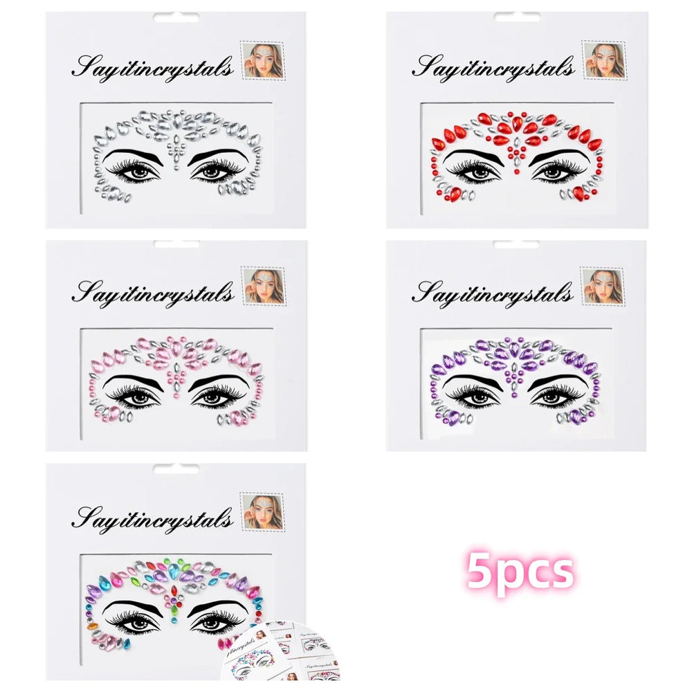 5Pcs Coloful Glitter Face Jewelry Sticker Crystal Eye Body Face Jewels Bady Makeup Tools Temporary Self-Adhesive Nail Rhinestone (ONLINE ORDER ONLY)