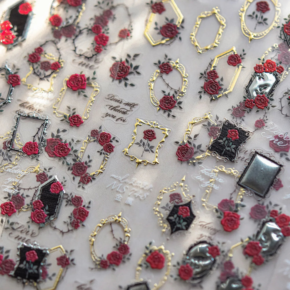 Metal Effect Rose Flower Pattern Totem Photo Frame Self Adhesive Nail Art Sticker Romantic Chic Wreath Rhinestone Manicure Decal (Online Order Only)