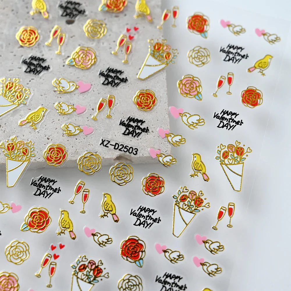 12Pcs 3D Golden Red Glitter Heart Love Nail Sticker Valentine Self Adhesive Cartoon Decal Geometry Lines Stripe Slider Manicure* (ONLINE ORDER ONLY)