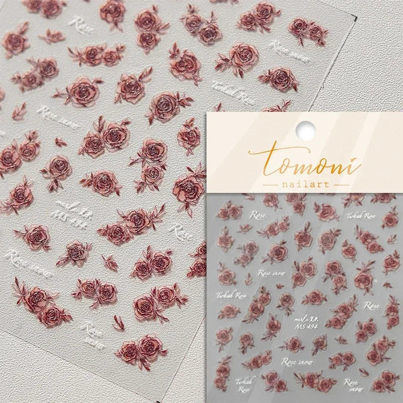Gradient Halo Dyeing Dark Red Rose Flower Rhinestone Lace Bow Heart 3D Self Adhesive Nail Art Decoration Sticker Manicure Decals (ONLINE ORDER ONLY)
