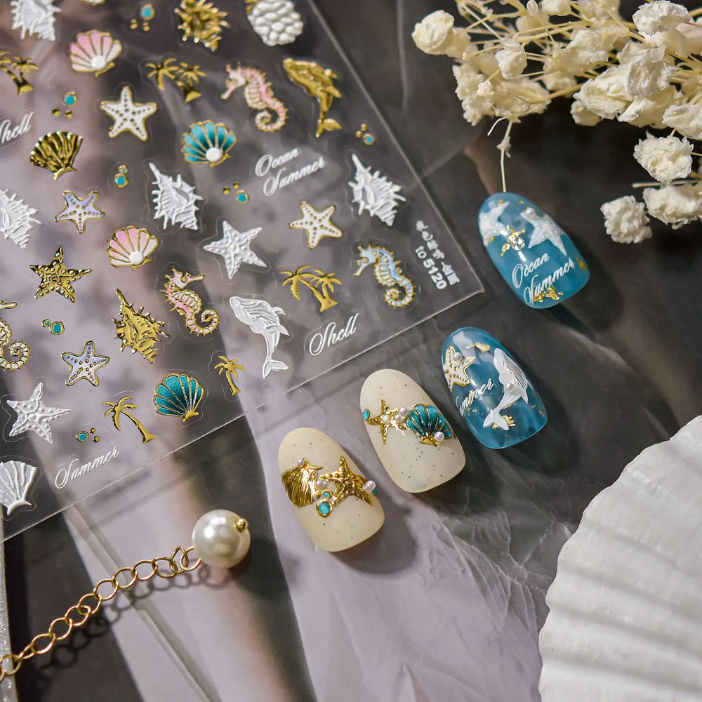 Hot Stamping Seahorse Dolphin Shell Conch Starfish Coconut Tree Jackfruit Water Bubbles Ocean Nail Art Stickers Manicure Decals (ONLINE ORDER ONLY)