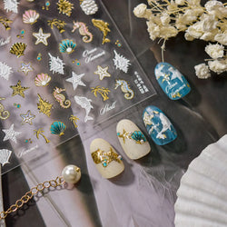 Hot Stamping Seahorse Dolphin Shell Conch Starfish Coconut Tree Jackfruit Water Bubbles Ocean Nail Art Stickers Manicure Decals (ONLINE ORDER ONLY)