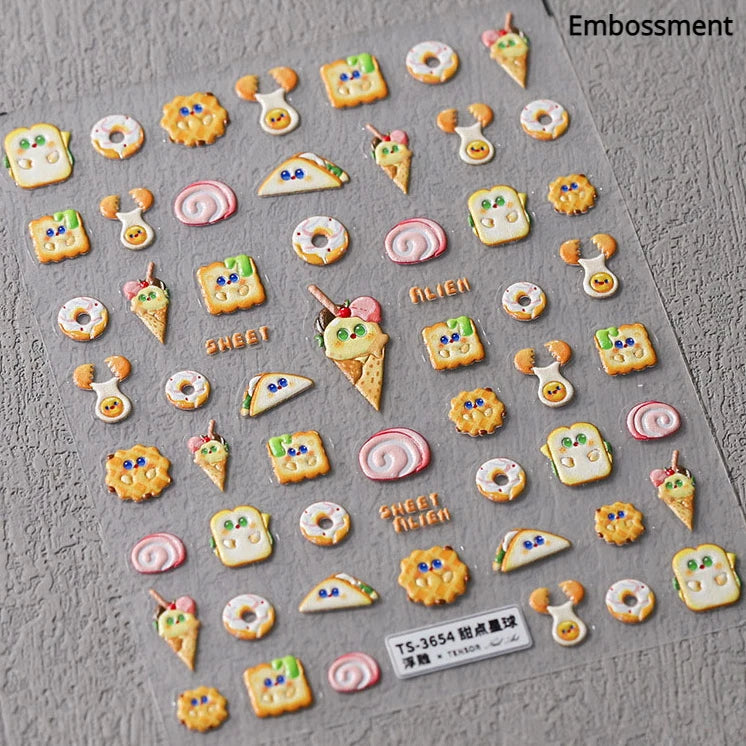 Chic Cute Cheese Ice Cream Pudding Bowknot Strawberry Muffin Stars Cake Embossed Heart Adhesive Nail Art Sticker Manicure Decals (ONLINE ORDER ONLY)