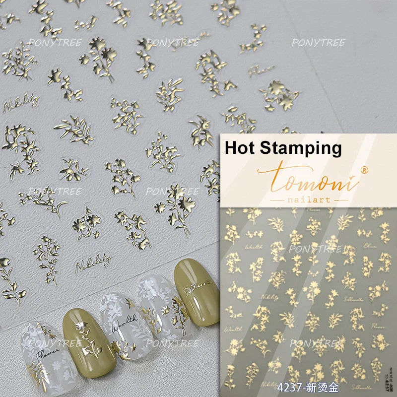 Mini Three Leaf Flower Magnolia Lotus Flower Stem Gradual Petal Line Arc Metal Sillver Delicate Nail Art Stickers Manicure Decal (Online Order Only)