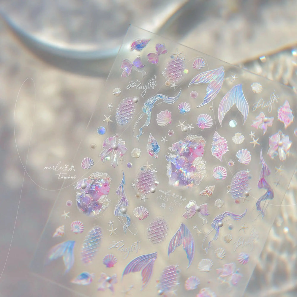 Mermaid Girl Conch Starfish Shell Bowknot Fish Scale Purple Ribbon Water Bubbles Chic Adhesive Nail Art Sticker Manicure Decals (ONLINE ORDER ONLY)