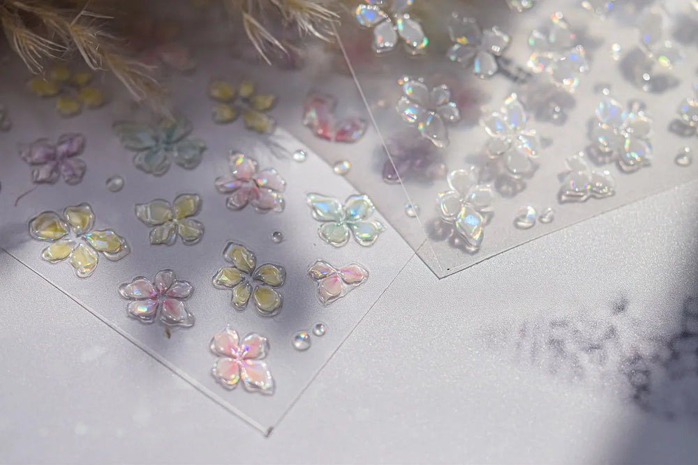Gradient Coloredful Flower Petal Green Leaf Dreamy Shiny Chinese Rose Fantasy Relief Adhesive Nail Art Stickers Manicure Decals (Online Order Only)