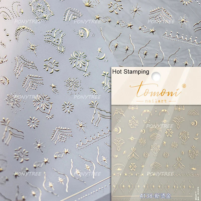 Pink Blue Yellow Embroidery Totems Geometric Floral Pattern Flower 5D Embossed Nail Art Stickers Bohemian Style Manicure Decals (ONLINE ORDER ONLY)
