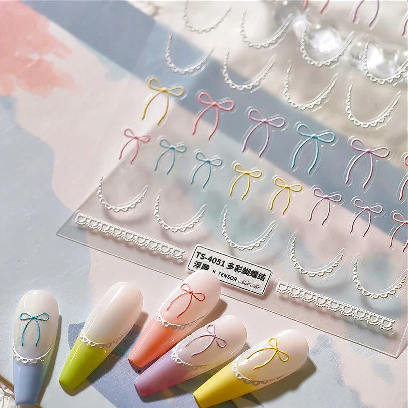 Pink Blue Purple Lovely Line Bowknot Lace Arc Curve Romantic Delicate Cording Embossed Adhesive Nail Art Sticker Manicure Decal (ONLINE ORDER ONLY)