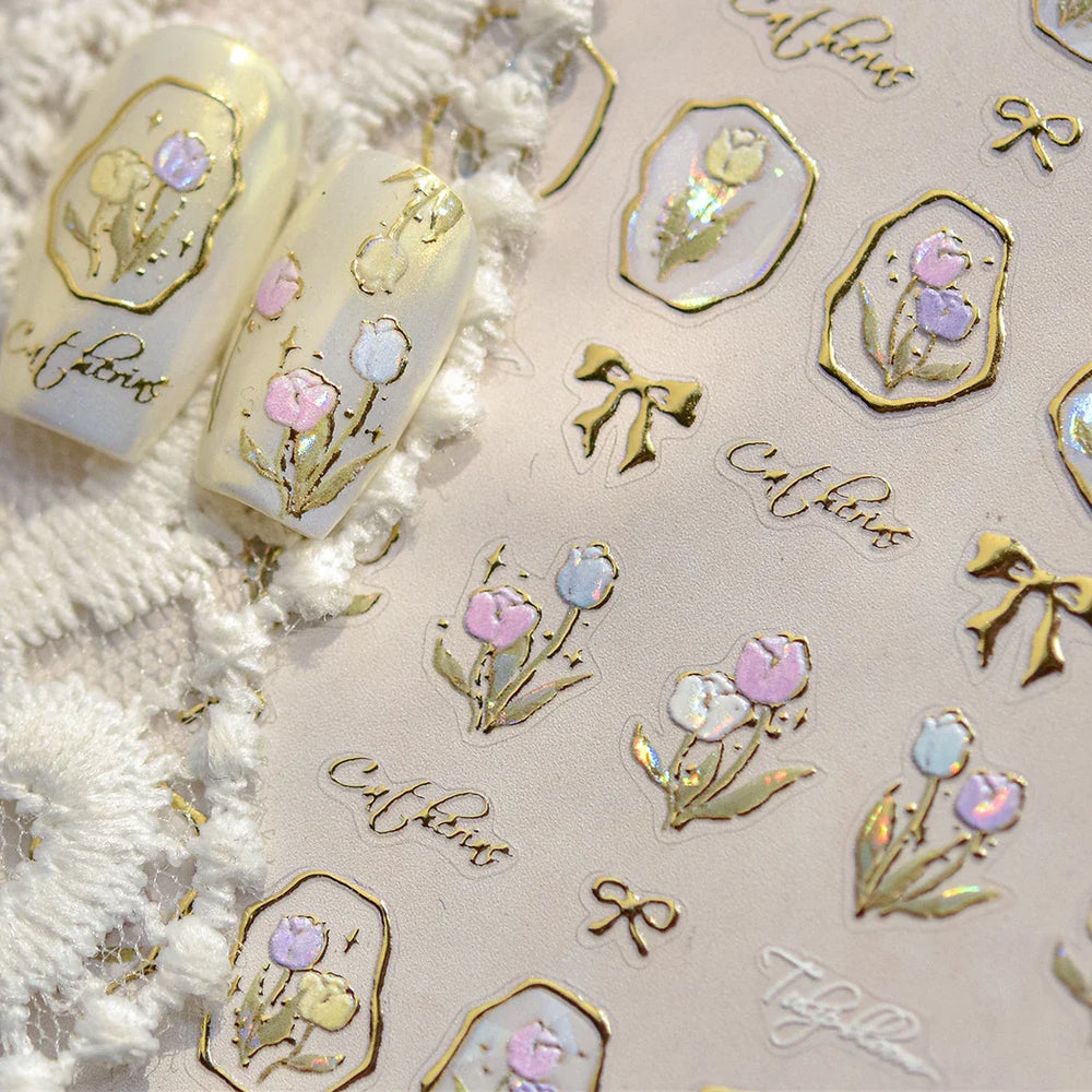 Golden Border Tulip Bloom Flower Bowknot Geometric Frame Metal Workmanship Charming Adhesive Nail Art Sticker Manicure Decals (ONLINE ORDER ONLY)