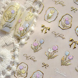 Golden Border Tulip Bloom Flower Bowknot Geometric Frame Metal Workmanship Charming Adhesive Nail Art Sticker Manicure Decals (ONLINE ORDER ONLY)