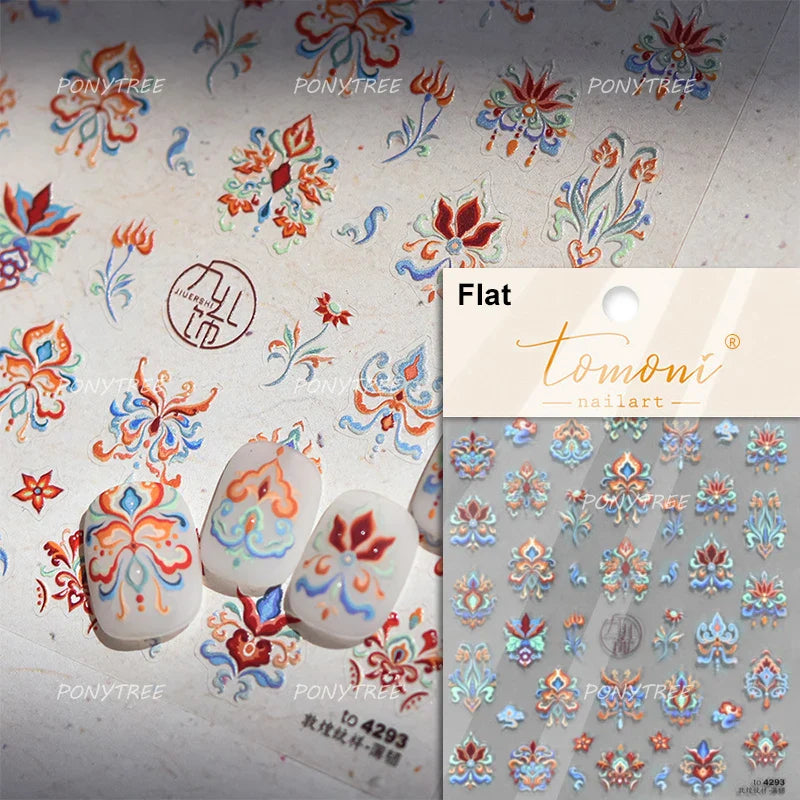 Pink Blue Yellow Embroidery Totems Geometric Floral Pattern Flower 5D Embossed Nail Art Stickers Bohemian Style Manicure Decals (ONLINE ORDER ONLY)