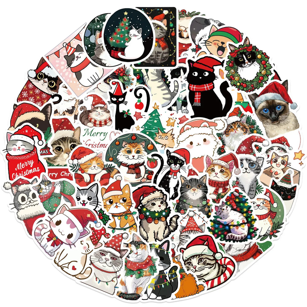 50pcs Cute Christmas Cat Graffiti Stickers Aesthetic DIY Luggage Bike Phone New Year Gift Decoration Sticker Toy (ONLINE ORDER ONLY)
