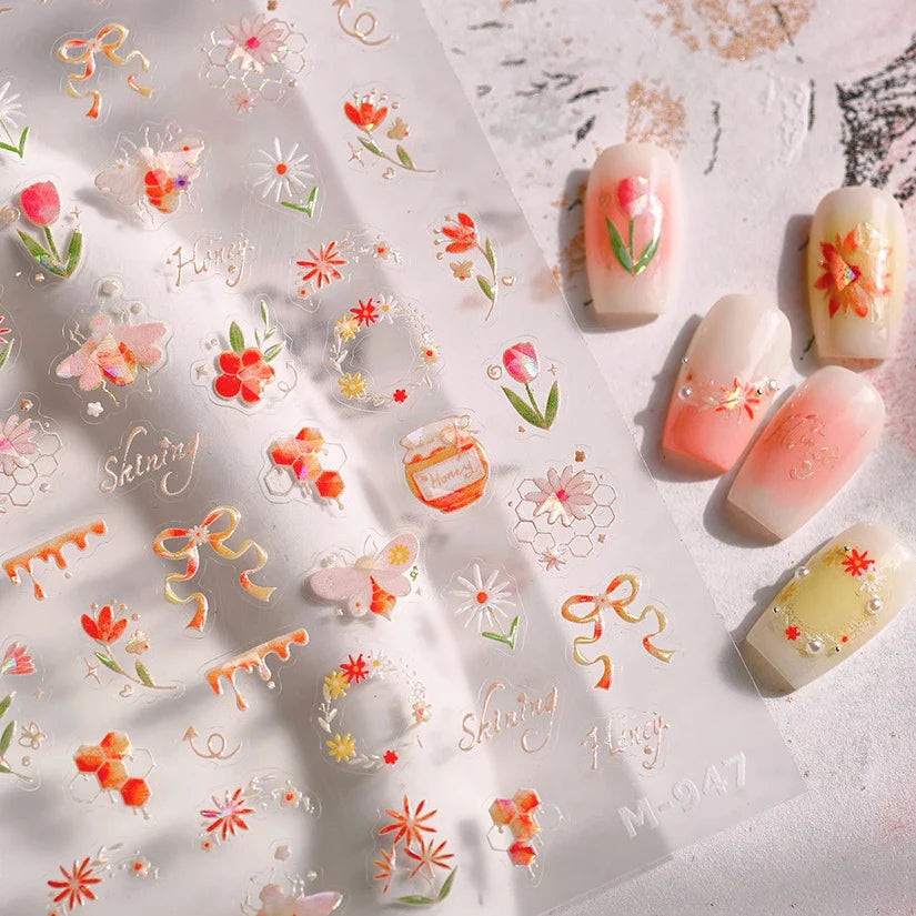 Vivid Honey Bee Ribbon Bowknot Pot Daisy Wreath Flower Shining Tulip Honeycomb Jar Self Adhesive Nail Art Sticker Manicure Decal (ONLINE ORDER ONLY)