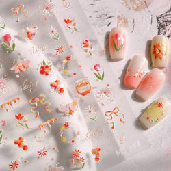 Vivid Honey Bee Ribbon Bowknot Pot Daisy Wreath Flower Shining Tulip Honeycomb Jar Self Adhesive Nail Art Sticker Manicure Decal (ONLINE ORDER ONLY)