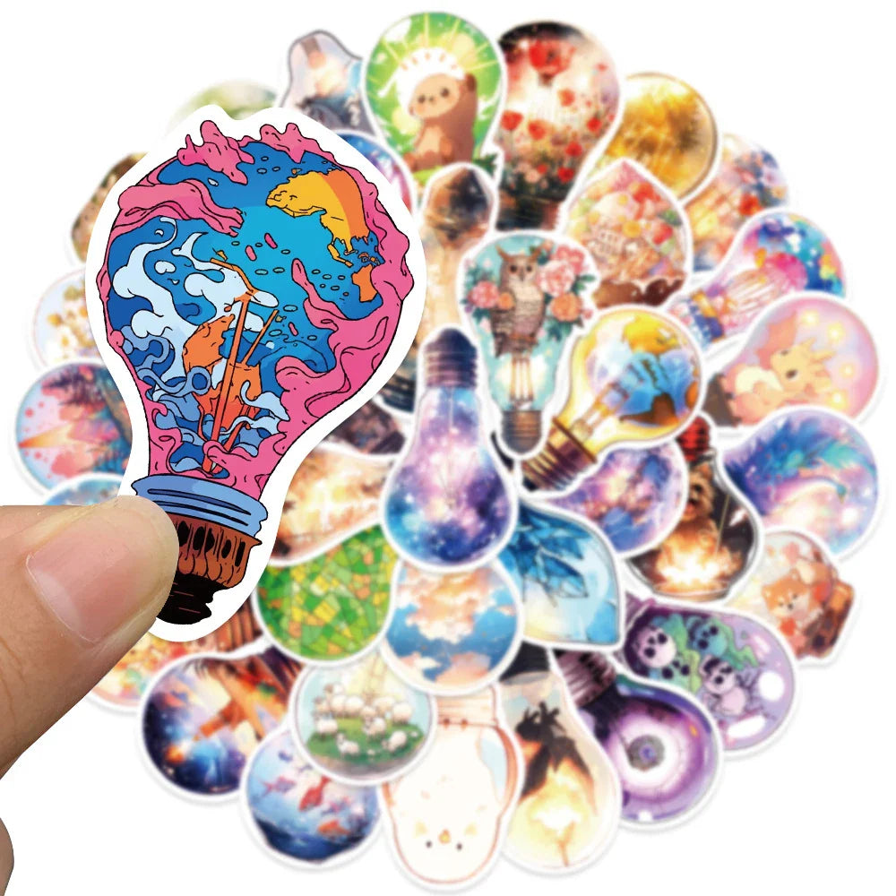 10/30/50pcs Cute World In Bulb Cartoon Stickers Aesthetic Decals Laptop Phone Suitcase Phone Car Decoration Sticker Kids Toys (ONLINE ORDER ONLY)