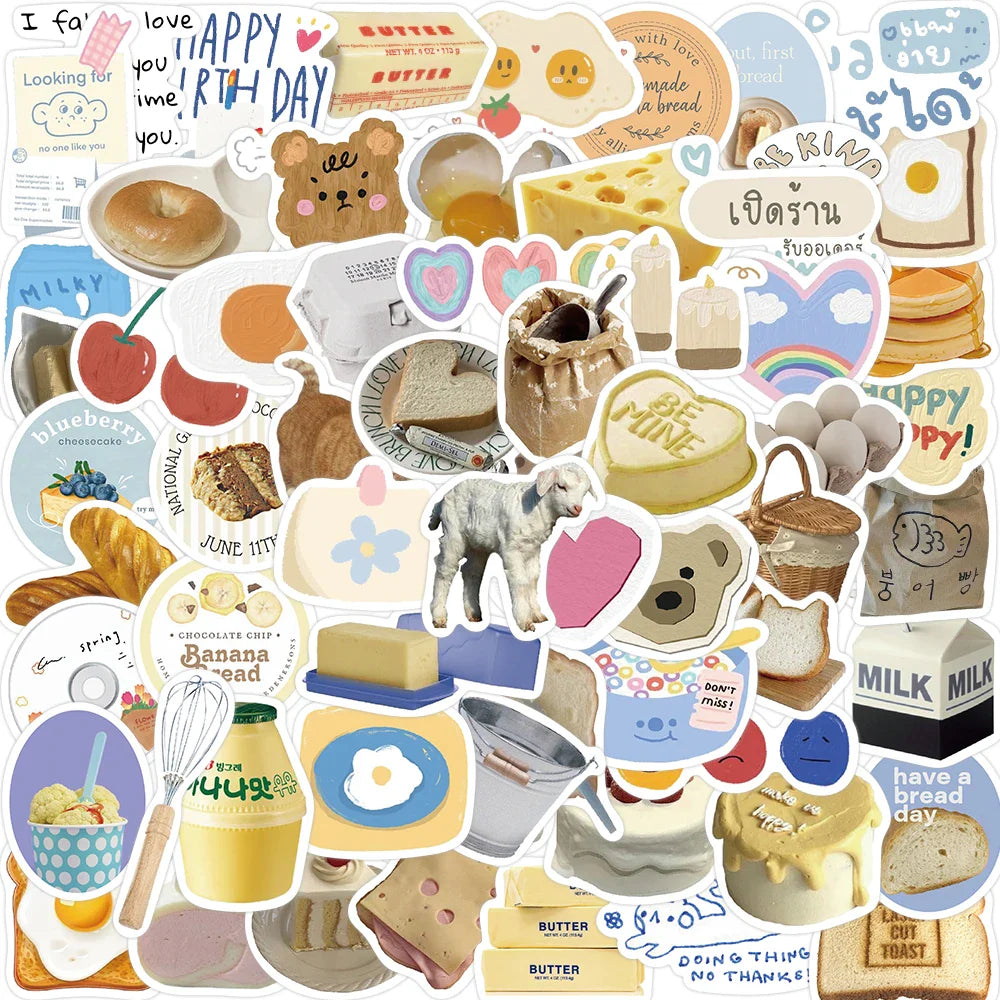 10/63pcs INS Wind Butter Bread Stickers Decals Cartoon Graffiti DIY  Notebook Luggage Wall Decoration PVC Sticker (ONLINE ORDER ONLY)