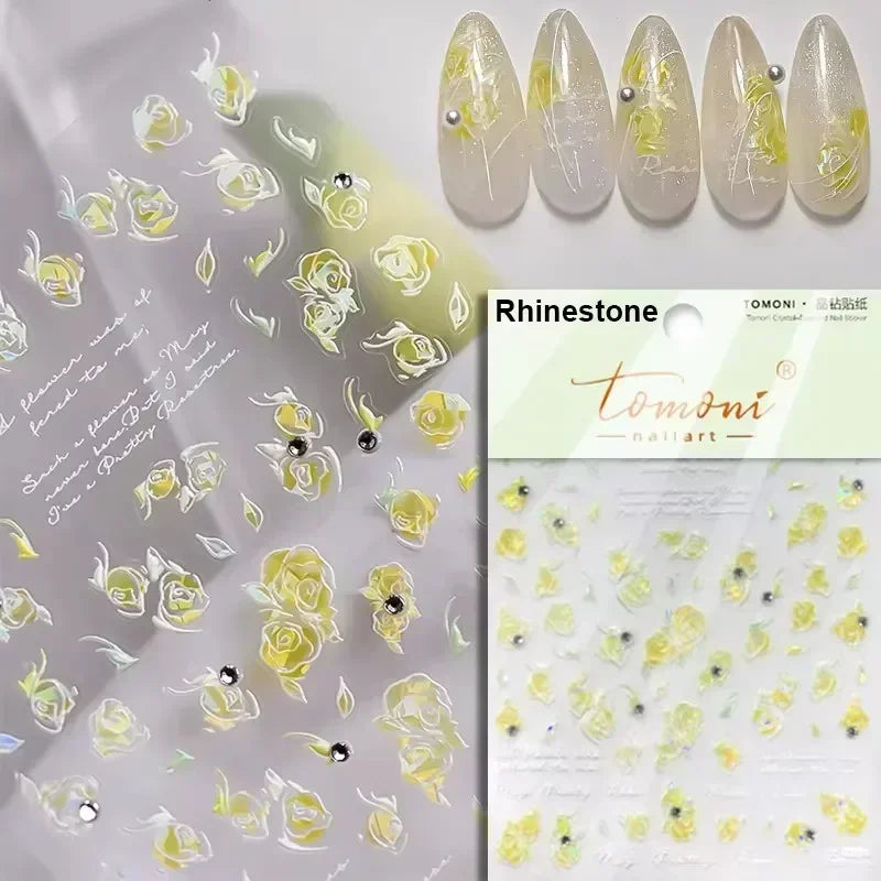 Pale Flower Bouquet Label Bowknot Stationery Sunflower Daisy Leaf 3D Self Adhesive Nail Art Stickers Rhinestone Manicure Decals (Online Order Only)